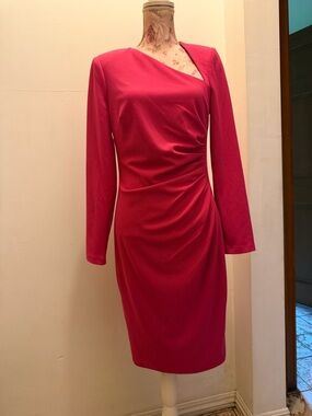 Badgley Mischka One-Shoulder Long-Sleeve Pink Sheath Dress